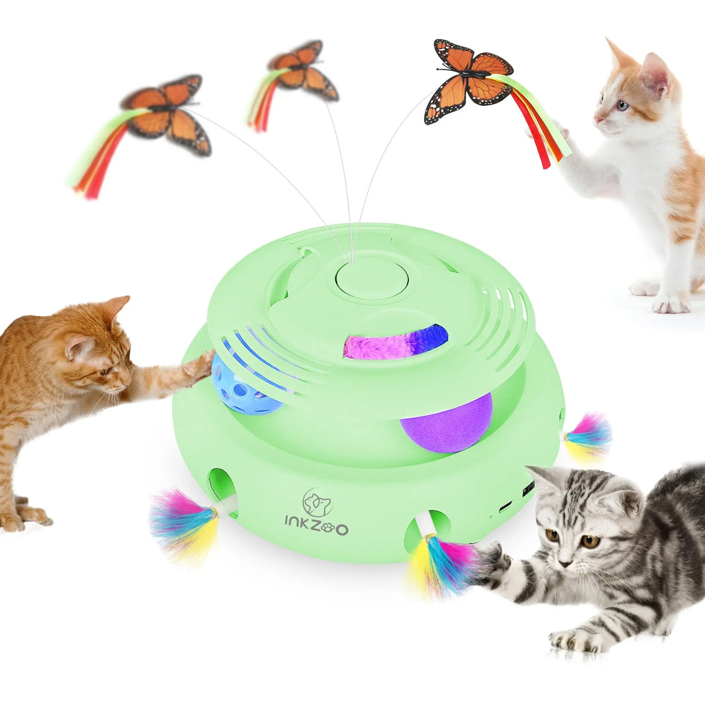 4-in-1 Interactive Cat Toy – USB Rechargeable Whack-a-Mole, Fluttering Butterfly, Track Balls & 6-Hole Mouse Game for Indoor Fun