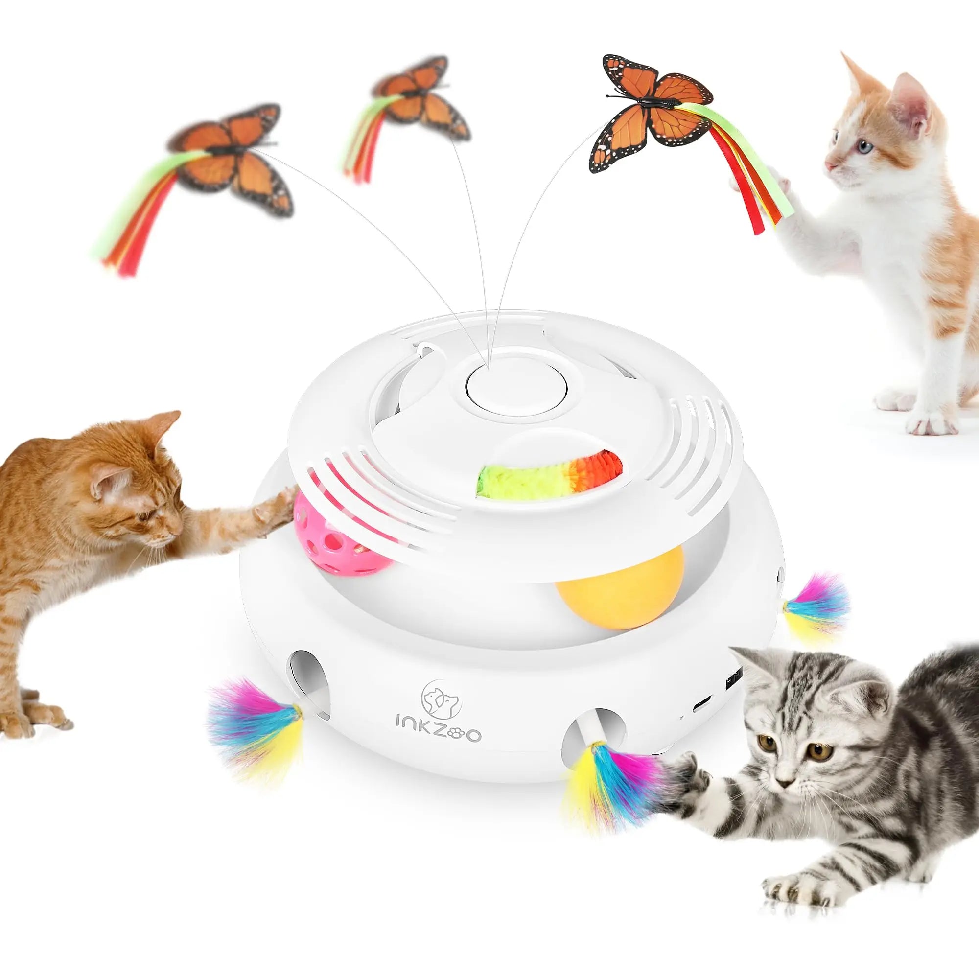 4-in-1 Interactive Cat Toy – USB Rechargeable Whack-a-Mole, Fluttering Butterfly, Track Balls & 6-Hole Mouse Game for Indoor Fun