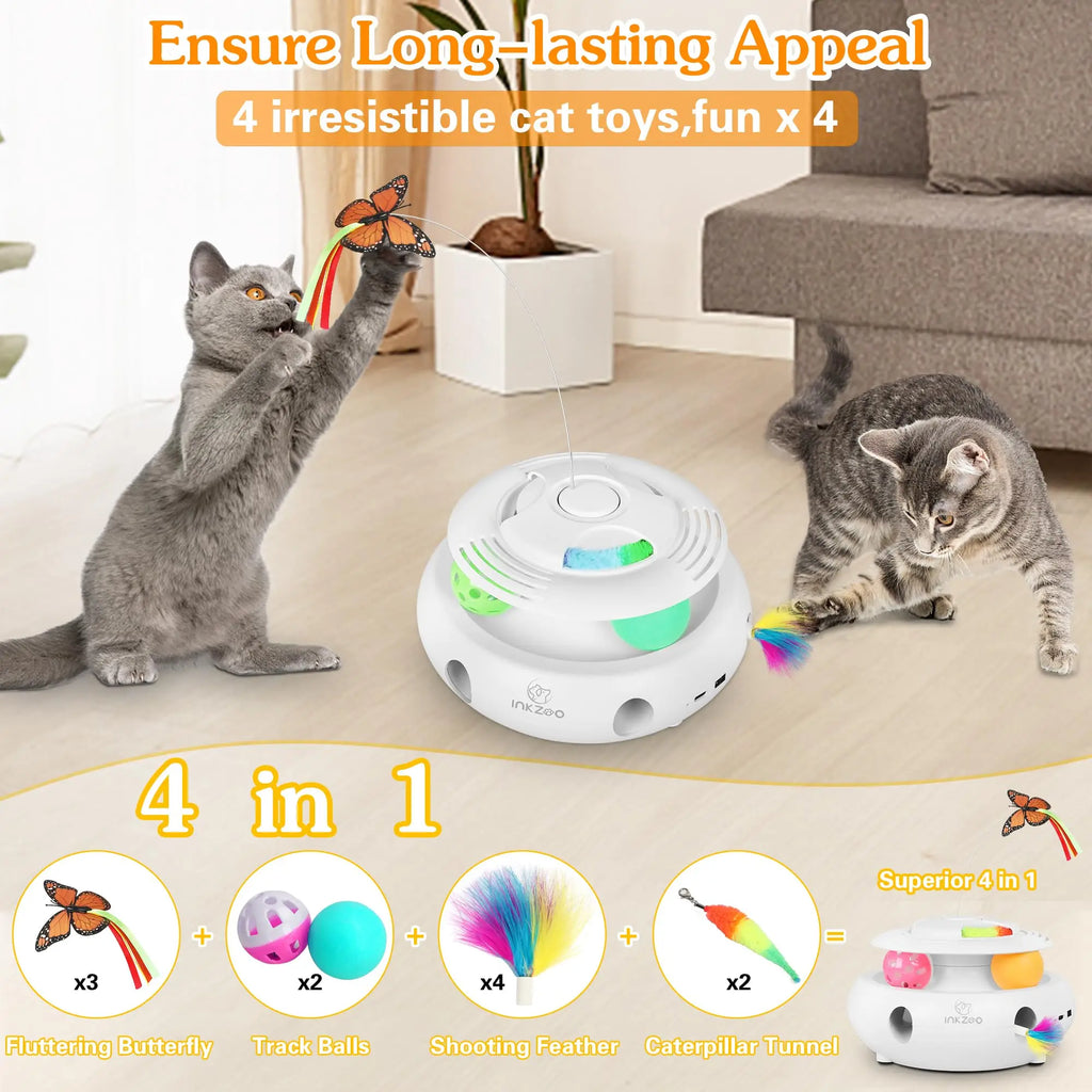 4-in-1 Interactive Cat Toy – USB Rechargeable Whack-a-Mole, Fluttering Butterfly, Track Balls & 6-Hole Mouse Game for Indoor Fun