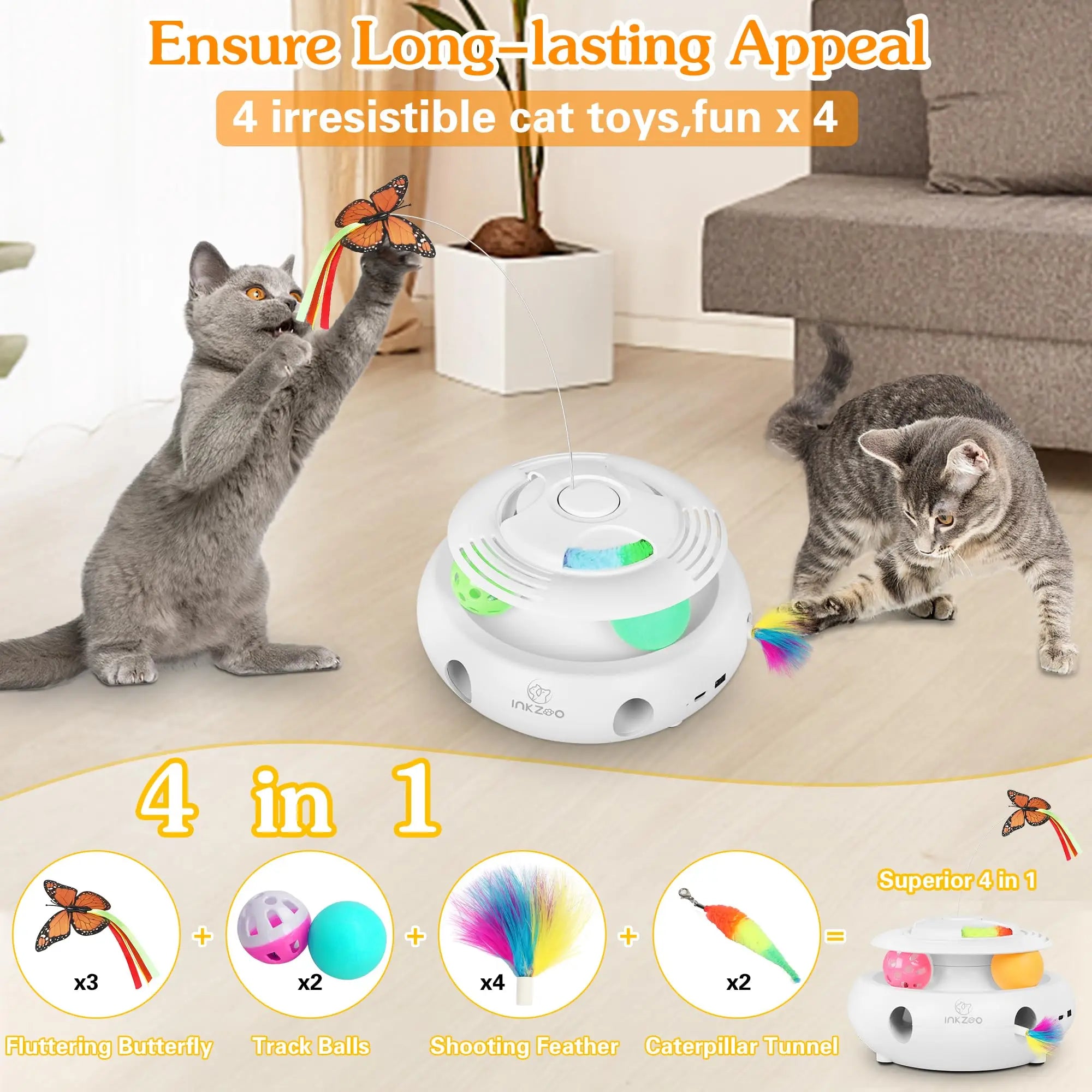 4-in-1 Interactive Cat Toy – USB Rechargeable Whack-a-Mole, Fluttering Butterfly, Track Balls & 6-Hole Mouse Game for Indoor Fun