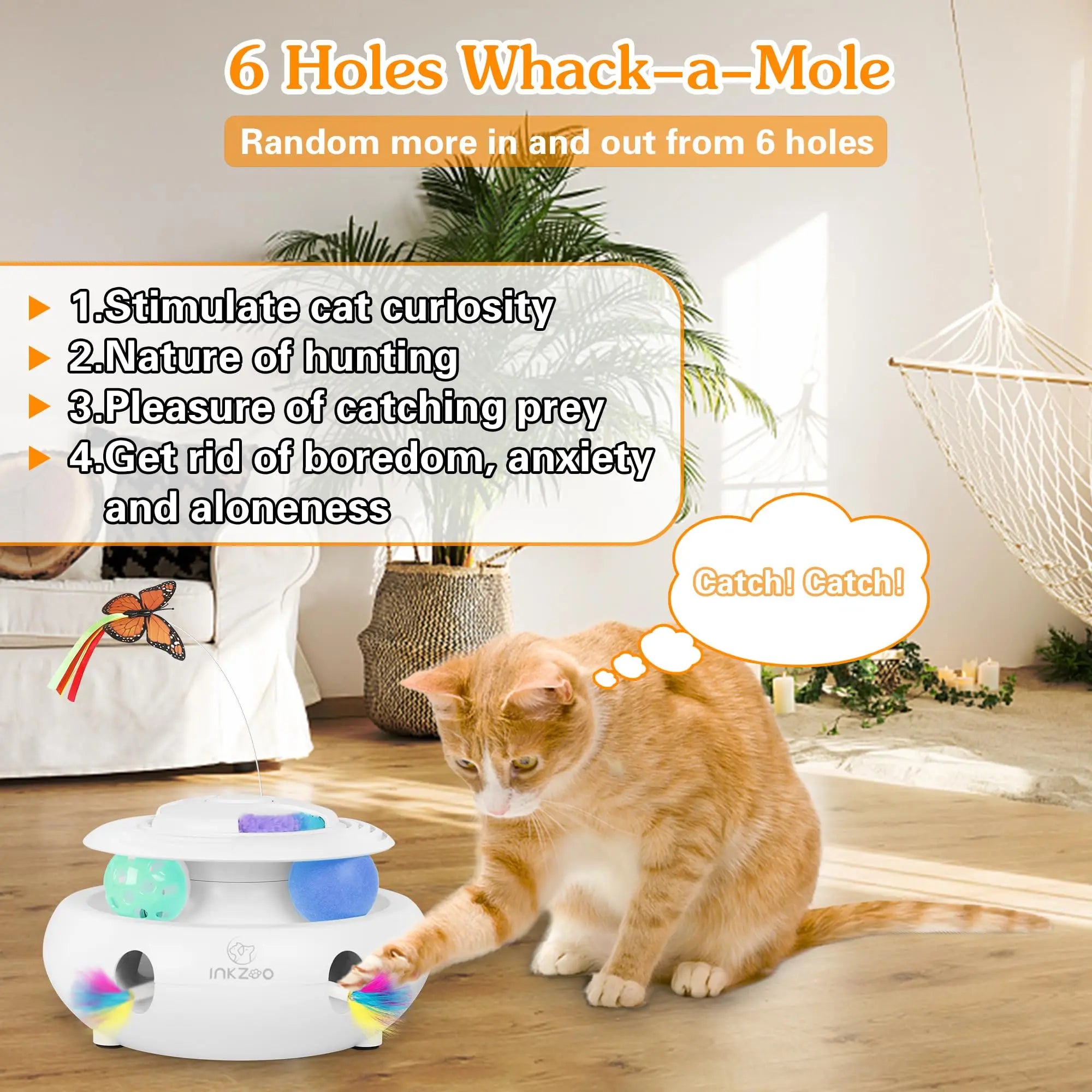 4-in-1 Interactive Cat Toy – USB Rechargeable Whack-a-Mole, Fluttering Butterfly, Track Balls & 6-Hole Mouse Game for Indoor Fun