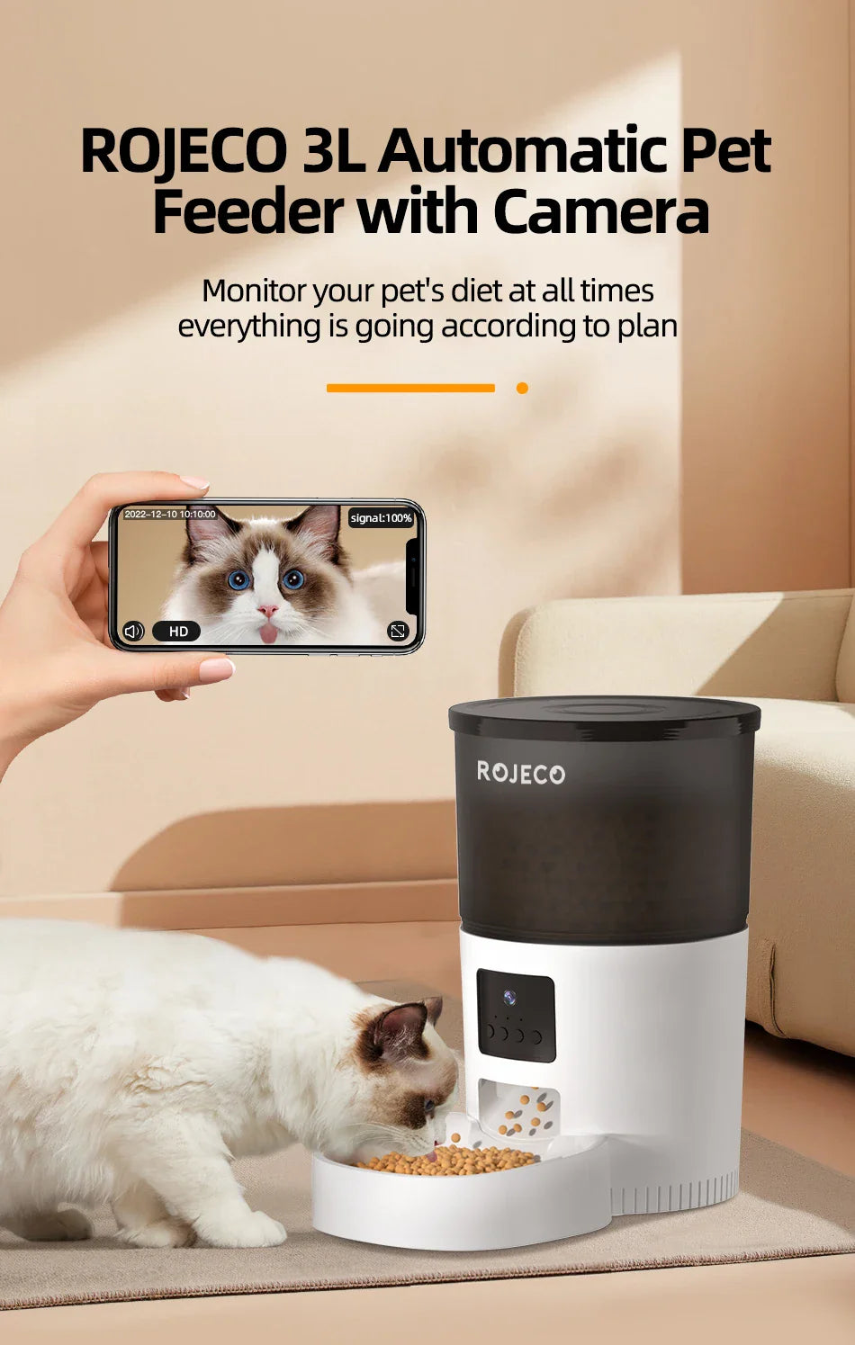 ROJECO Automatic Cat Feeder With Camera Video