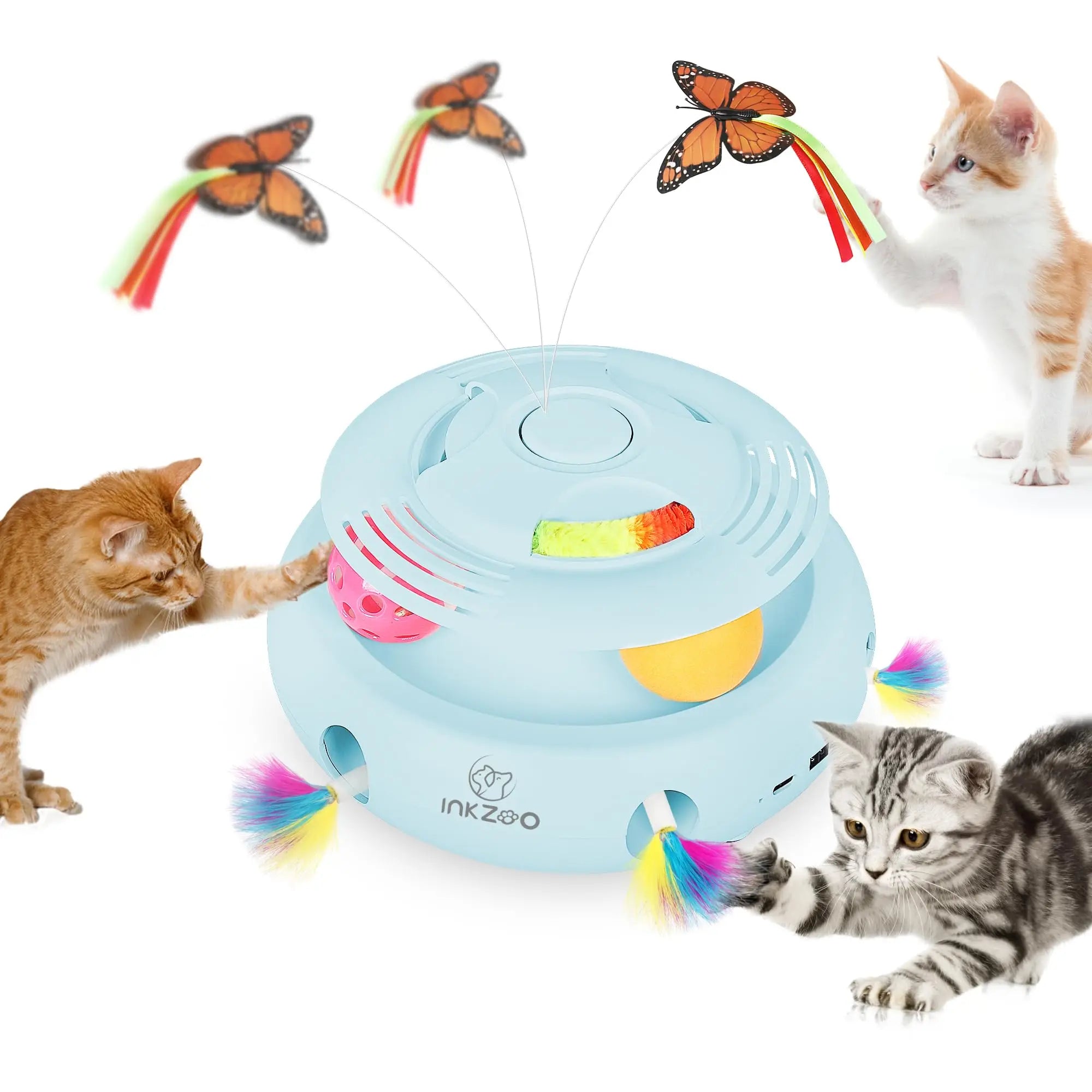 4-in-1 Interactive Cat Toy – USB Rechargeable Whack-a-Mole, Fluttering Butterfly, Track Balls & 6-Hole Mouse Game for Indoor Fun